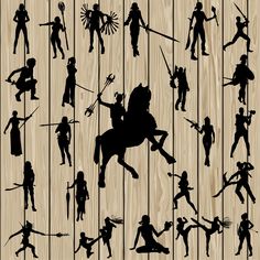 the silhouettes of various people on horseback and horses are shown in black against a wooden background