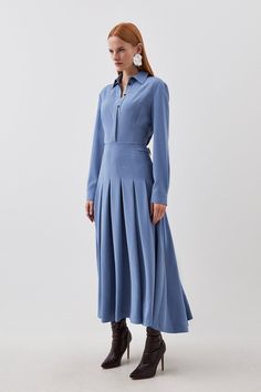 This Instantly-Elegant Shirt Dress Is Tailored With Languid Proportions, Rendered From A Soft Jersey Fabric That Effortlessly Cascades To An Ankle-Grazing Length. This Point-Collar Piece Is Cut With A Sculpted Waist That Defines The Long-Sleeved Bodice Before Easing Into A Flowing Skirt. Pair This Dress With Leather Boots For Elevated Style.Long Sleevesmaxi Lengthshirt Dresssoft Pleats Blue Long Sleeve Midi Dress, Modest Fashion Everyday, Casual Modest Dress, Long Sleeve Modest Dresses, Dressy Casual Dress, Chic Fitted Pleated Shirt Dress, Fitted Pleated Midi Length Shirt Dress, Its Okay To Not Be Okay Outfits, Midi Shirt Dress Outfit