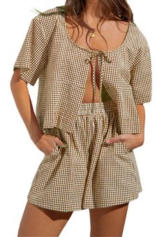 PRICES MAY VARY. ♦Material: Polyester blend. Women plaid 2 piece pajama shorts set made by high quality fabric, lightweight, breathable, skin-friendly, plaid shorts pj set for women, gingham two piece shorts sets, offer comfy wearing experience. ♦Features: Puff sleeve babydoll blouse, with cute bow tie, open front, tie up peplum shirt, half sleeve plaid shirt blouse, loose fit, short sleeve 2 piece pj sets. Short sleeve lounge sets, women y2k two piece summer outfits, y2k 2 piece loungewear, y2k Cheap Cotton Women's Sets, Mixed Plaid Pajamas, Tan Plaid Pajamas, Short Pajama Set Plaid, Lounge Set With Shorts, Nuetral Pajamas, Loungewear Set Pattern, Cute 2 Piece Outfits, Elastic Waist Shorts Outfit