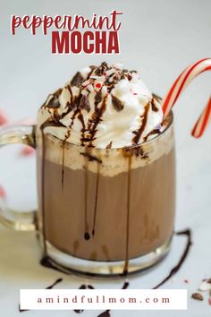 peppermint mocha in a mug with whipped cream and candy canes