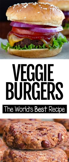 burgers with lettuce, tomato and onion on top are shown in this collage