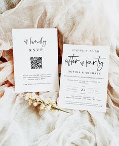 the wedding stationery is laid out next to each other on top of a bed