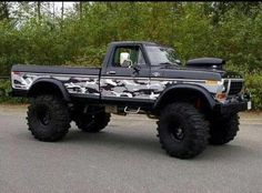 a black truck with camo paint job parked in front of some trees and bushes