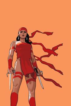 a woman in red is holding two swords