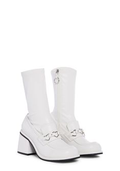 cuz you're so cute it’s sickening. These loafer boots have a vegan leather construction, a loafer design, block heels, heart shaped metal hardware on the uppers, and side zipper closures. Short White Boots, Loafer Boots, Love So Deep, Korean Life, White Loafers, Vegan Leather Boots, So Deep, Hi Fashion, Shoes Too Big