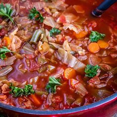 a red pot filled with soup and vegetables