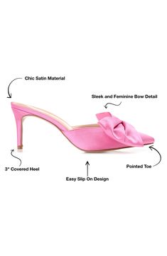 A floppy bow charms the pointed toe of a sophisticated mule set on a sensible mule. 3" heel Textile upper/synthetic lining and sole Imported Pointed Toe Heels With Bow Straps For Events, Formal Slip-on Heels With Bow, Chic Formal Heels With Pink Bow, Pink Pointed Toe Heels With Bow Straps, High Heels With Pink Bow For Formal Occasions, Spring Formal Heels With Pink Bow, Elegant Spring Heels With Pink Bow, Formal Spring Heels With Pink Bow, Pointed Toe Bow Mules For Party