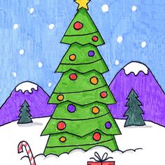 a drawing of a christmas tree in the snow