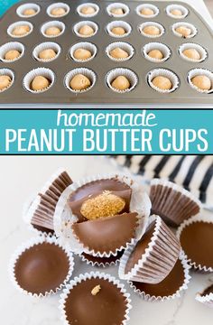 homemade peanut butter cups are stacked on top of each other and ready to be eaten