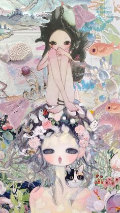 an image of a woman with flowers on her head and fish around her neck, surrounded by other sea creatures