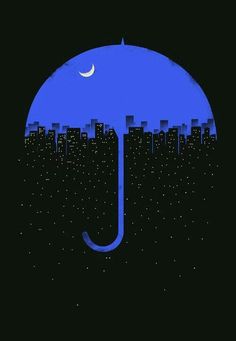 an umbrella with city lights in the background and a crescent moon on it's side