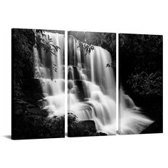 three black and white images of waterfalls in the forest with leaves hanging on them