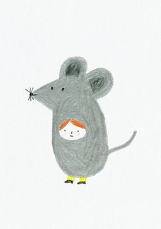 a drawing of a mouse with a little boy on it's back and an orange nose