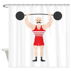 a shower curtain with an image of a man lifting a barbell over his head