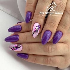 Purple Nail Art, Manicure Nail Designs, Pretty Gel Nails, Best Nail Art Designs, Latest Nail Art, Floral Nails, Nail Arts, Purple Nails, Perfect Nails