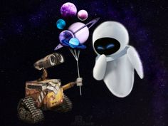 an alien flying next to a robot in the space with planets on it's back