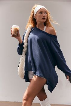 Cozy for on-the-go, this sweatshirt features a soft, terry fabrication in an oversized silhouette with a high-low hem for a chic take on the classic pullover. **Fit:** Relaxed fit; oversized; boat-neck **Features:** Soft, terry fabrication; boat-neck; oversized fit; high-low hem; ribbed detail at hem and cuffs; stitching detail throughout **Why We | One To Beat Pullover by FP Movement at Free People, Midnight Combo, S Free People Sweatshirt, Fp Movement Outfit, Free People Movement Outfit, Free People Inspired Outfits, Free People Outfits, Oversized Sweatshirt Outfit, Power Hour, Yoga Mom, Fun Clothes