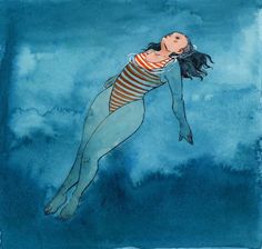 a drawing of a woman floating in the air with her arms outstretched and head down