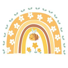 a cartoon bee is standing in front of a rainbow with flowers and leaves on it