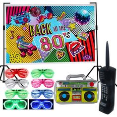 an old fashion radio with sunglasses on it and a sign that says back to the 80's