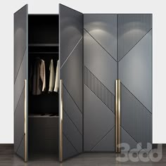 an open closet with some clothes hanging on the rack and two doors that are closed