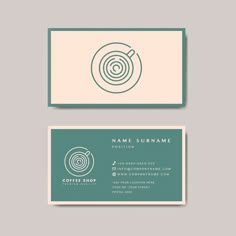 a business card with a circular design on the front and bottom, along with a name tag for coffee shop