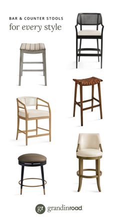 four different types of bar stools with text that reads bar counter stools for every style