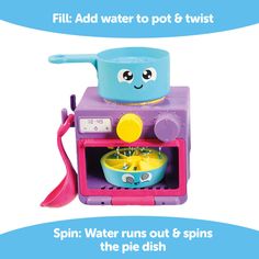 a toy stove with a bowl and spoon in it that says spin water runs out & spins the pie dish