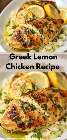 two pictures of chicken with lemons and rice