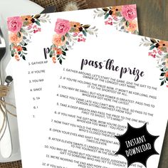 a printable pass the price game with flowers on it and a fork next to it