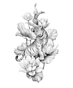 a drawing of a tiger sitting on top of flowers