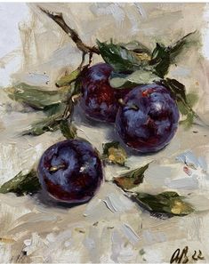 an oil painting of plums with leaves