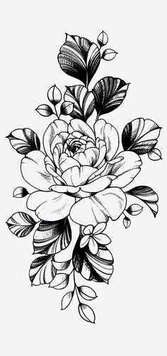 a black and white drawing of flowers with leaves on the bottom half of each flower