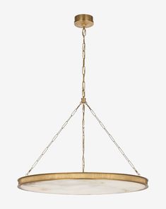 a large circular light fixture with gold chain hanging from the ceiling, on an isolated white background