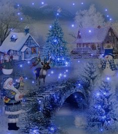 a christmas scene with santa claus and snowmen on a bridge over a stream in the woods