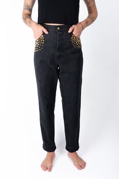 "So incredible! So rock 'n' roll! Vintage 80s Monique Jeans black denim jeans with flashy gold studs around the front pockets. DETAILS brand: Monique Jeans tag size: 9/10 waist: 29\" hips: 41\" thigh: 25\" rise: 12.5\" inseam: 30.5\" leg opening: 14\" condition: excellent 100% cotton made in the USA" Pockets Details, Black Denim Jeans, Womens Jeans, Jeans Black, Rock N, Gold Studs, Rock N Roll, Black Denim, Denim Dress