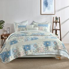 a bed with blue and white quilts in a room next to a plant on the wall