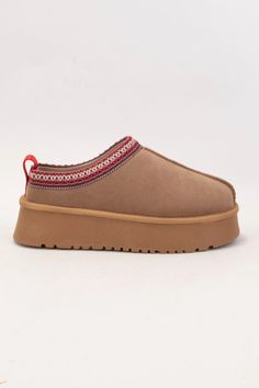 Color: Camel Slip On Design 2" Platform Sole Aztec Stitching Detail Faux Fur Lining Synthetic Suede Upper These run small. Consider sizing up Clog Slippers, Leather Artisan, Ugg Slippers, Slippers Cozy, Slip On Boots, Platform Heels Chunky, Platform Slippers, Winter Fits, Chunky Platform