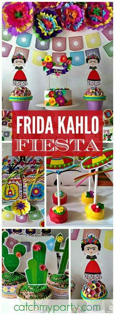 frida kahlo fiesta themed birthday party with mexican food and decorations on the table