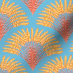 an orange and yellow pattern on a blue wallpaper with gold leaves in the center