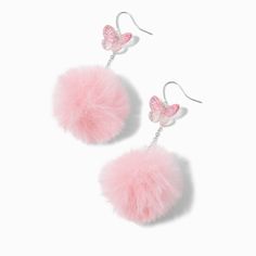 Claire's Pink Butterfly Pom Pom 3'' Drop Earrings Pink Butterfly Earrings, Cutecore Earrings, Playful Pink Earrings For Party, Earrings For Teens, Crown Hair Clip, Sensitive Ears Earrings, Pink Pom Pom, Pom Earrings, Piercing Kit