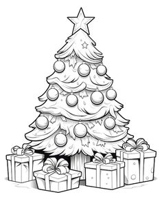 a christmas tree with presents under it and a star on top, in black and white