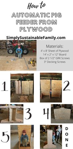 Description of the materials and steps for building a homemade automatic pig feeder from plywood. Hog Feeder Diy, Pig Feeders Ideas, Pig Pen Ideas Diy How To Build, Pig Shelters Diy, Goat Feeder Ideas For Grain, Diy Pig Feeder