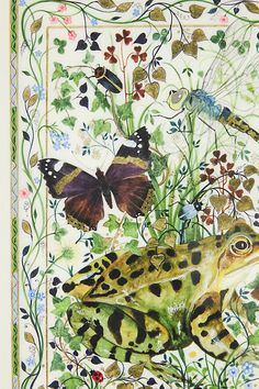 a painting of a frog and some butterflies