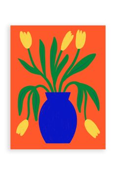 a blue vase with yellow flowers on an orange background