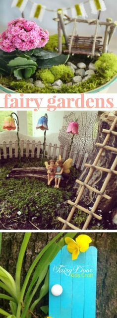 three different pictures with the words fairy gardens on them and an image of a garden