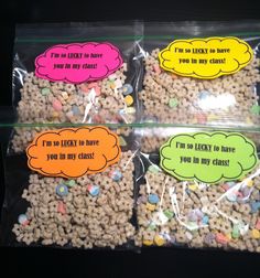 three bags filled with different types of cereal