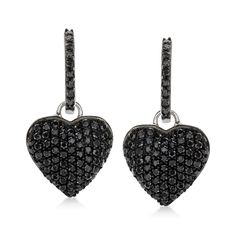 Ross-Simons - 2.10ct t. w. Pave Black Spinel Removable Heart Drop Earrings in Silver. Add a touch of sophistication to your look with our romantic earrings. Crafted in polished sterling silver with black rhodium, 2.10 ct. t. w. pave round black spinels blanket a charming pair of removable heart drops. Enjoy two ways to wear this bold set! Hanging length is 1 1/8". Hinged post, pave black spinel removable heart drop earrings. Romantic Earrings, Heart Drop Earrings, Black Spinel, Black Rhodium, Fine Jewelry, Drop Earrings, Sterling Silver, 10 Things, Silver