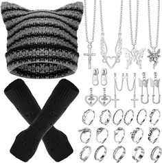 Package Includes: you will receive 1 piece of grunge knitted cat beanie hat, 1 pair of grunge ripped gloves, 4 pieces of necklaces, 4 pairs of earrings, and 12 pieces of rings, enough for you to dress up on various occasions
Cat Ear Devil Horn Hat: made of quality knitted yarn, the crochet beanie with cat ears is soft and breathable, comfortable to touch, measuring about 22.05 x 22.83 inches, suitable for most women and men to wear for skiing, cycling, running and so on Knitted Cat Beanie, Horn Hat, Beanie With Ears, Crochet Slouchy Hat, Grunge Accessories, Cat Beanie, Knitted Cat, Crochet Gloves, Girlie Style