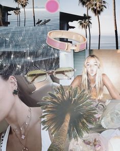 a collage of photos with palm trees, sunglasses and other things in the background